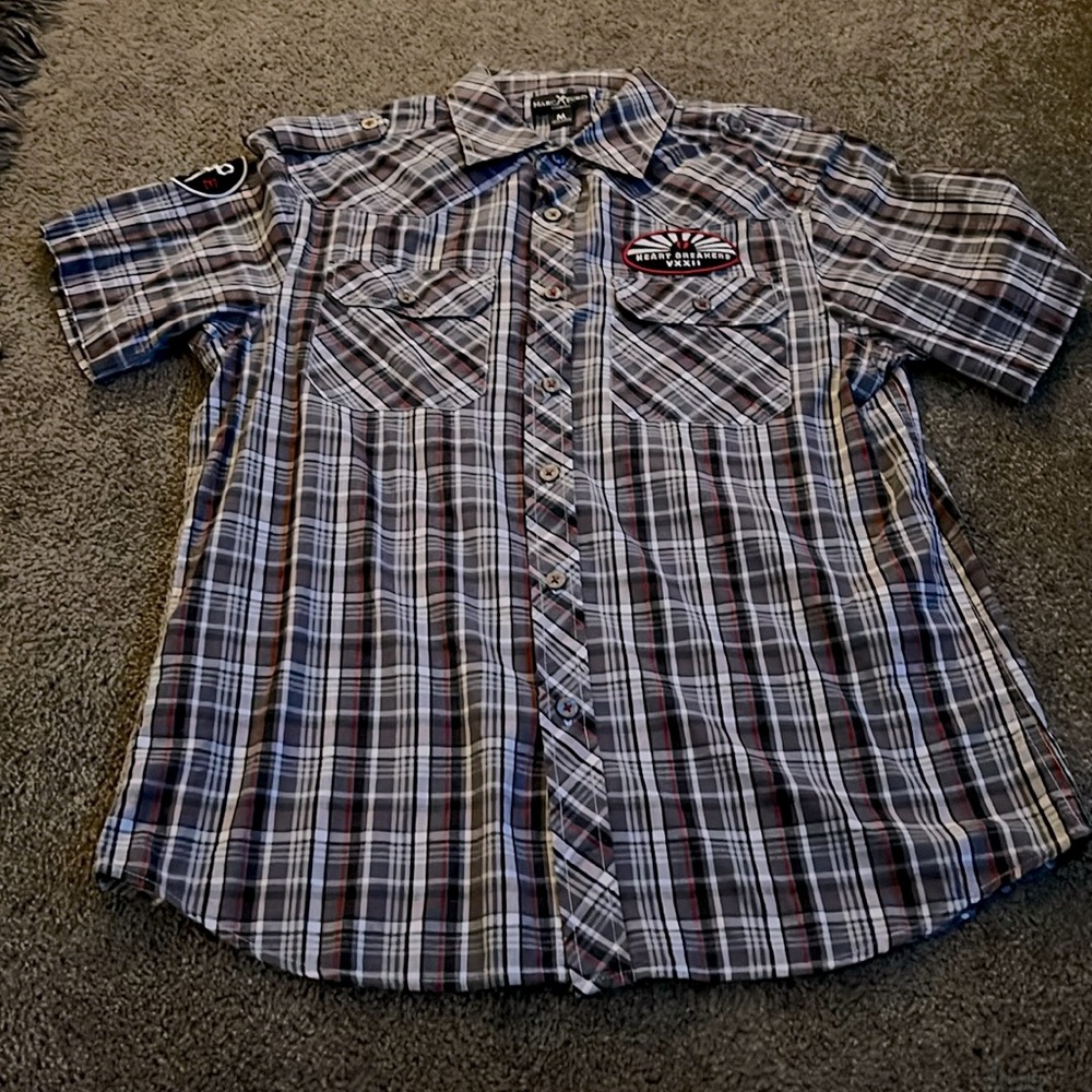 Marc Ecko Cut & Sew Button Down Plaid  Shirt Medium.  Patches